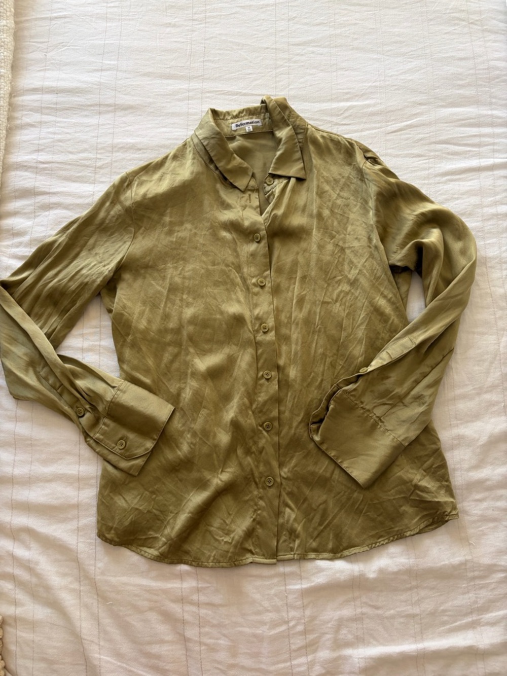 Reformation Olive Green Silk Button-Down Shirt